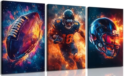 3Pcs Football Canvas Wall Art Graffiti Rugby Cool Sports Theme Pictures Paintings Wall Decor Fire American Football Player Posters Prints for Kids Boys Room School Locker Room Decoration 16x24in - color: Athlete Canvas, size: 24L"x16W"