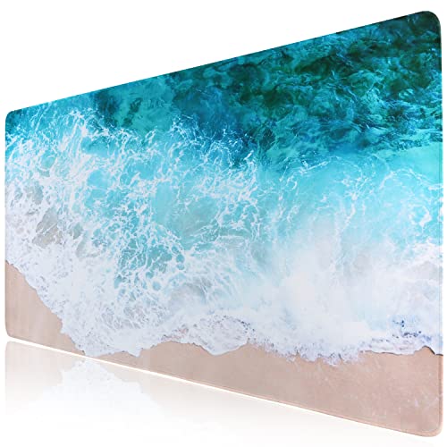 iCasso Extended Gaming Mouse Pad (35.4x15.7 in), Large Non-Slip Rubber Base Mousepad with Stitched Edges, Waterproof Keyboard Mouse Mat Desk Pad for Work, Game, Office, Home - Beach - color: Beach