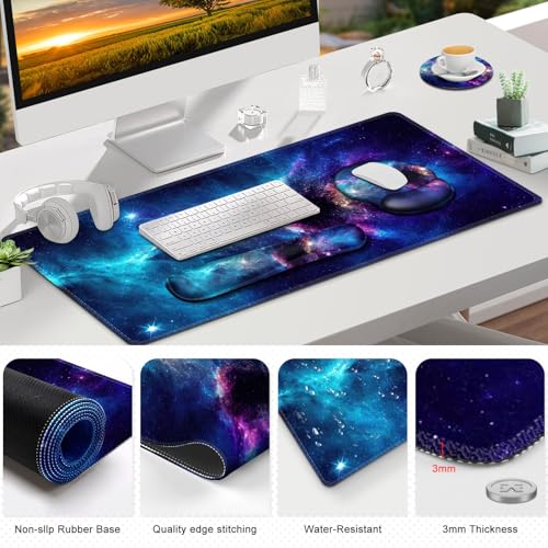 Gaming Mouse Pad, Large Desk Mat, Cute Desk Pad Protector, 4in1 XXL Mousepad + Keyboard Wrist Rest+Mouse Wrist Rest+Coaster Set with Ergonomic Desk Pad for Home Office Table Computer, Galaxy Space - color: Galaxy Space