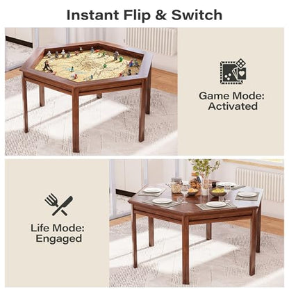 LAUSAINT HOME Board Game Table with Removable Table Top, 59” Play Area, Hexagon Gaming and Dining Table with Play Mat, Detachable Cup Holders and Trays for 6 Players, for Card, DND and Poker, Walnut - size: Hex Table