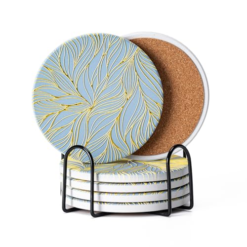 Hoewina 6Pcs Drink Coasters with Holder, Marble Style Ceramic Drink Coaster, Absorbent Coasters Set Suitable for Kinds of Cups, Modern Style Coaster for Coffee Table, 4 Inches（Gilded Relief - color: Gilded Relief