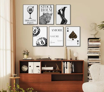 6pcs Stylish Black White Leopard Print Poster Wall Art Fashionable Lucky 8 Ball Painting Picture Wall Decor Cheetah Disco Ball Poster Print Artwork for Girls' Bedroom Apartment Dorm Home Decoration