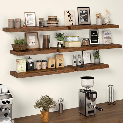 24 Inch Floating Shelves, 12 Inch Deep Floating Shelves for Wall, Extra Deeper & Thicker Wooden Wall Shelf with Invisible Brackets, Shelf for Bedroom Home Decor（Rustic Brown, Set of 2） - color: Rustic Brown, size: 24"W x 12"D x 2"H, Set of 2