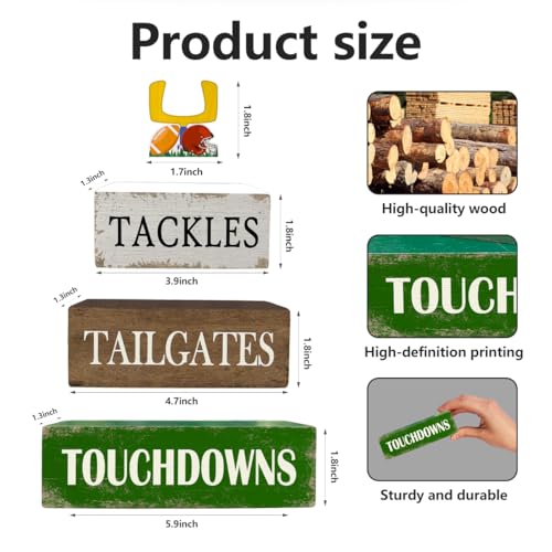 4 Pcs Football Table Decorations Wooden Football Tiered Tray Decor Sport Game Centerpiece Block Sign for Tailgate Birthday Party Tabletop Desk Shelf Mantel Fireplace Home Decor - color: Football Tackles