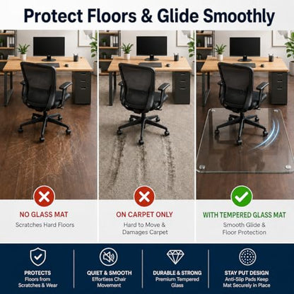 40 x 48 Inch Glass Chair Mat, 1/5 Inch Thick Tempered Glass Office Chair Mat for Carpet and Hardwood Floors, Heavy Duty Clear Computer Desk Floor Protector with 4 Anti-Slip Pads - size: 48" x 40"