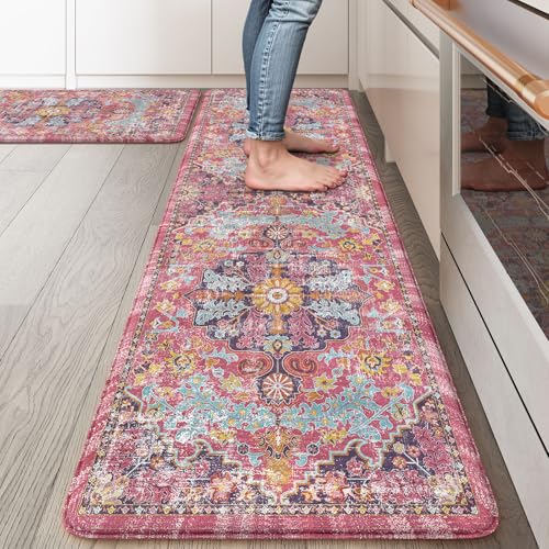 KIMODE Anti Fatigue Kitchen Mat, Cushioned Boho Kitchen Rugs Sets of 2, Non Slip Farmhouse Kitchen Mat for Floor, Waterproof Standing Desk Mat for Laundry, Office, Sink Fuchsia/Multi 17"x59"+17"x29" - color: Fuchsia/Multi, size: 17.3" x 59"+17.3" x 29"--0