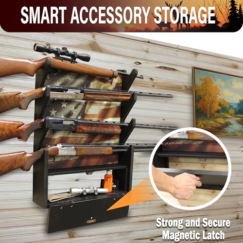 Rush Creek Creations Engineered Wood Gun Rack - Wall Mount Display for 4 Rifles/Shotguns, American Flag Design with Accessory Storage - color: Black