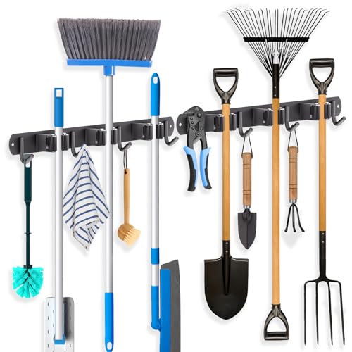 ZONGOOL 2 Pack Mop Broom Holder Wall Mount, Broom Organizer Storage Tool Racks Stainless Steel Self Adhesive Heavy Duty Hooks for Home Kitchen Garden (3 Racks with 4 Hooks, Black) - color: Black, size: 2Pack 3R4H