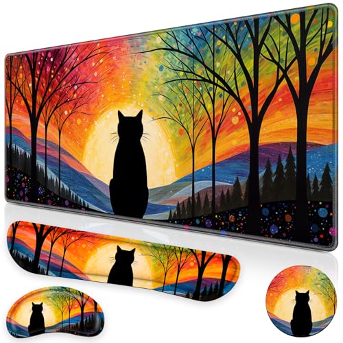 Canjoy Cute Black Cats Anime Mouse Pad Set, 4-in-1 Kawaii Large Mouse Pad + Keyboard Wrist Rest Support+ Coaster, (35.4×15.7 in) Extended Desk Pad Memory Foam Non-Slip Desk Mat for Home Office - color: Rainbow Cats