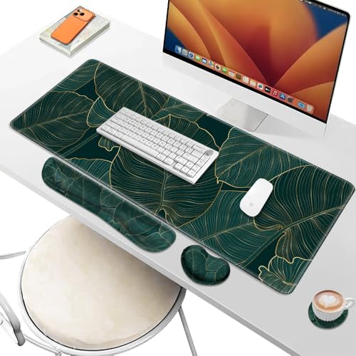 Desk Pad and Keyboard Wrist Rest, Large Mouse Pad + Keyboard Pad+Mouse Wrist Support, Non-Slip Desk Mat Protector for Office, Home 31.5×11.8 Inches Plant Leaves - color: Plant Leaves