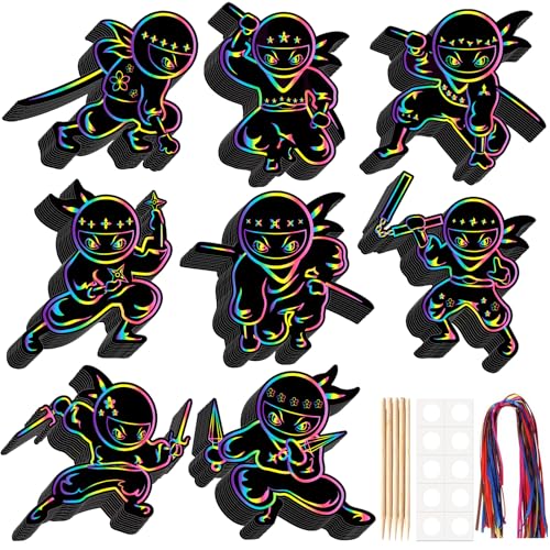 LUUFILx 80 Pcs Ninja Scratch Cards Ninja Birthday Party Decorations Colorful Rainbow Scratch Paper Art with Wooden Stylus for Birthday Party Classroom DIY Activities (Ninja) - style: Ninja