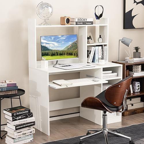 COSTWAY White Modern Large Computer Desk with Storage Shelf, Office Desk with Hutch, CPU Stand & Keyboard Tray, Home PC Desk with Bookshelf, for Bedroom, Study, Living Room