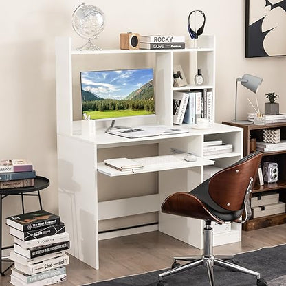 COSTWAY White Modern Large Computer Desk with Storage Shelf, Office Desk with Hutch, CPU Stand & Keyboard Tray, Home PC Desk with Bookshelf, for Bedroom, Study, Living Room