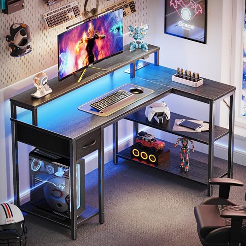 SUPERJARE 47 inch Reversible L Shaped Desk with LED Lights & Power Outlets, Computer Desk with Shelves & Monitor Stand, Gaming Desk with Drawer, Home Office Desk Corner Desk, Grey - color: Grey, size: 47 inch