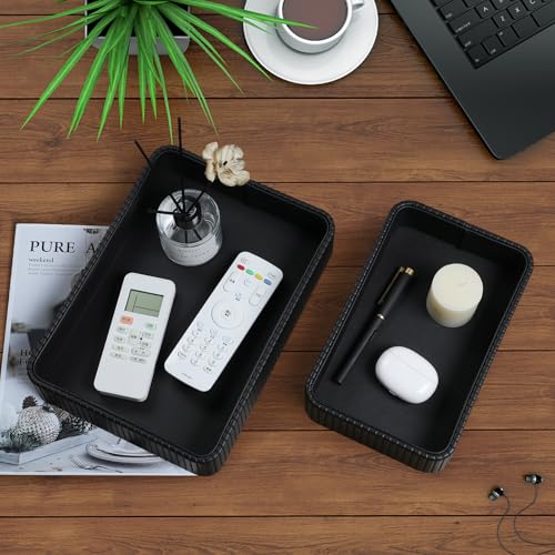 Desk Organizer Tray, PU Leather Nightstand Organizer Perfume Valet Tray for Men Women, Decorative Vanity Trays Trinket Dish Key Bowl for Entryway Bedside Table (Black, Small+Large) - color: Black, Small+large