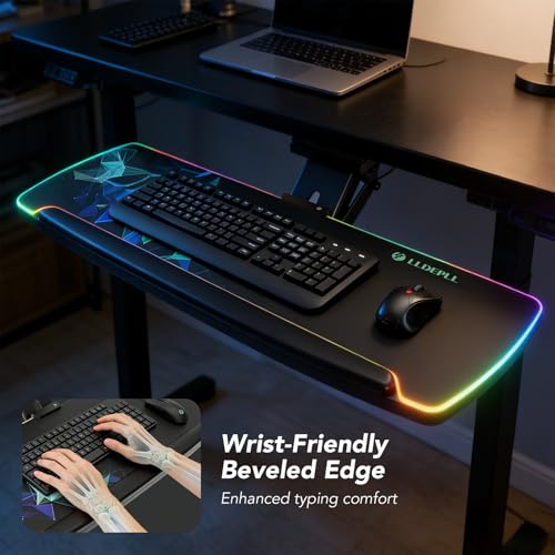 Keyboard Tray Under Desk with Storage Drawer, Height Adjustable Keyboard Tray Slide Out 360° Swivel Tilt, Ergonomic Under Desk Mount Keyboard & Mouse Pad Lighting for Gaming Home Office