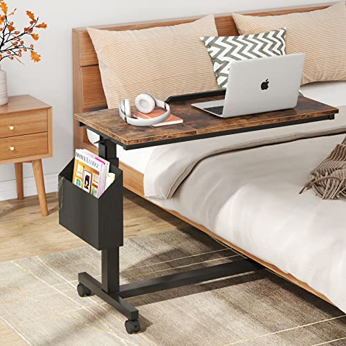 Tribesigns Height Adjustable C Shaped End Table with Wheels and Side Pocket, Mobile Sofa Snack Table with Tiltable Drawing Board, Laptop Side Tray Table for Couch Bed (Rustic Brown) - color: Rustic Brown