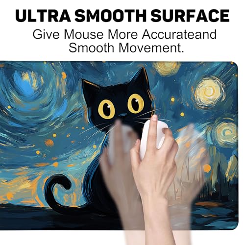 Black Cat Under Starry Night Gaming Mouse Pad Large Desk Mat Extended Keyboard Anime Mousepad with Non-Slip Base and Stitched Edge for Desk Home Office Gaming,35.4 x 15.7 Inch - color: Black Cat under Starry Night, size: 15.7*35.4inch