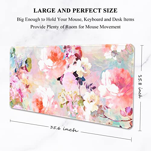 Auhoahsil Desk Pad, XXL Large Mouse Extended Gaming Mousepad, Cute Mat for Women, Big Office Accessories Pad Computer Keyboard and Laptop, 35.5 x 15.7 Inch, Pretty Pink Flowers, Girly Flowers - color: 02 Pink Flowers, size: XXL - Extended size 35.6”x15.8”