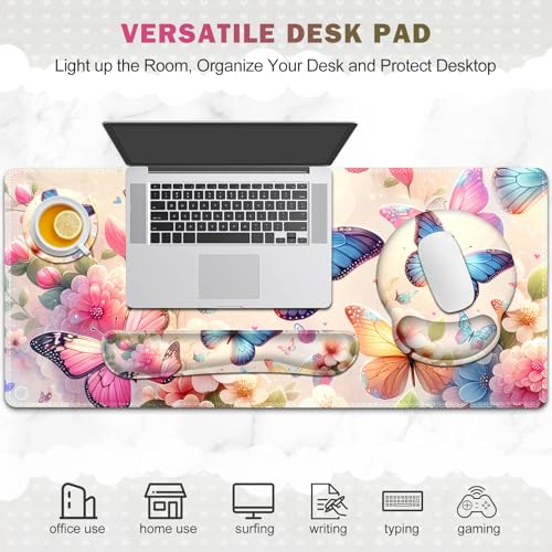 Gaming Mouse Pad, Large Desk Mat, Cute Desk Pad Protector, 4in1 XXL Mousepad + Keyboard Wrist Rest+Mouse Wrist Rest+Coaster Set with Ergonomic Desk Pad for Home Office PC Computer, Butterflies Flowers - color: Butterflies Flowers