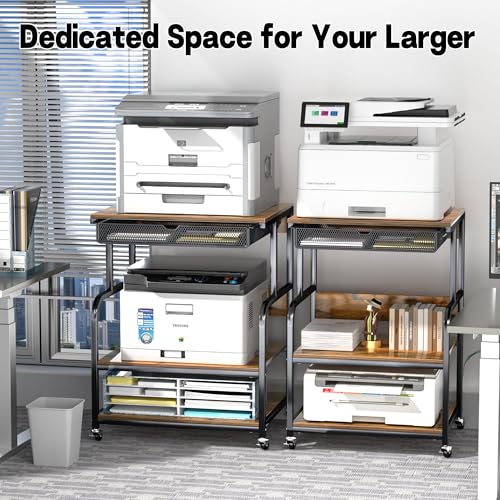 Large Printer Stand with Storage Shelf, Industrial Rolling Printer Cart Holder with Lockable Wheels, 5-Adjustable Heights, 3D Scanner Fax Printer Table for Home Office Use - size: Medium