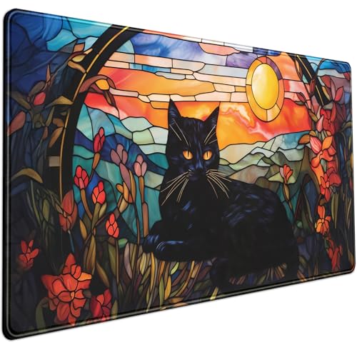Mechanical Cattle Black Cat Desk Mat Vintage Sunset XXL Large Mouse Pad Laptop Desk Mousepad with Stitched Edges, Keyboard Pad Mouse Mat for Work Game Office Desk Accessories 31.5x15.7 in - color: Aesthetic Black Cat