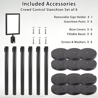 Crowd Control Stanchions w/Retractable Belt Sign Topper 6 Pack | 6.6ft / 2m Retractable Belt Barriers with Durable Refillable Enlarged Base for Crowd Control & Queue Management - size: 6 PCS