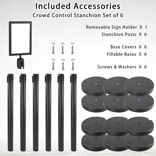 Crowd Control Stanchions w/Retractable Belt Sign Topper 6 Pack | 6.6ft / 2m Retractable Belt Barriers with Durable Refillable Enlarged Base for Crowd Control & Queue Management - size: 6 PCS