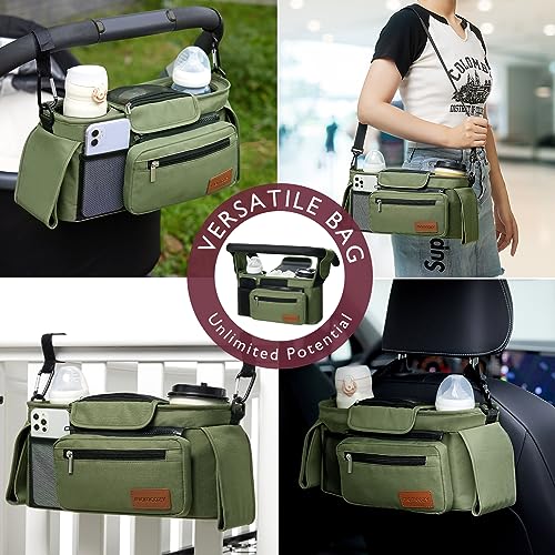 Momcozy Universal Baby Stroller Organizer, 2 Insulated Cup Holder, Detachable Zippered Pocket, Adjustable Shoulder Strap, Large capacity for baby essentials, Compact Design Fits Any Strollers - color: Green