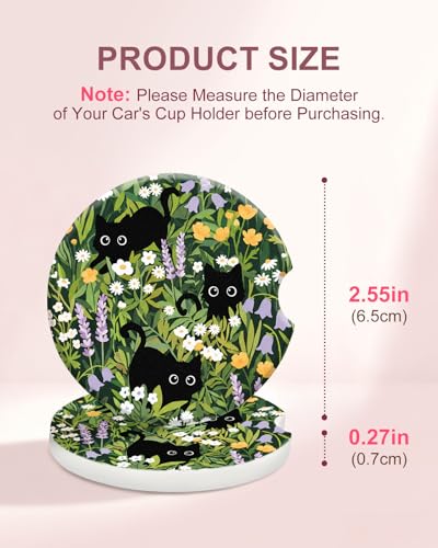 Swooflia Car Coasters for Women - Cute Cat Car Cup Coasters Absorbent Cup Holder Coasters for Car 2 Pcs Ceramic Car Cupholder Coaster with Cork Base Car Interior Accessories - color: Black Cat Among Flowers