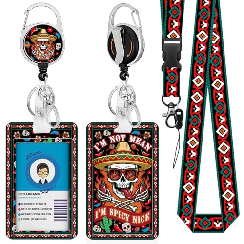 Cute Skull Badge Holder with Lanyard, Funny Chili ID Badge Holder with Retractable Reel Clip and Keychain, Vertical Identity Card Cover Case Protector for Women Nurse Teacher - color: Skull Chili-black