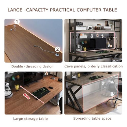 47in Gaming Desk with Bookshelf, Pegboard & Storage Shelves (Brown, 47in) - color: Brown, size: 47in