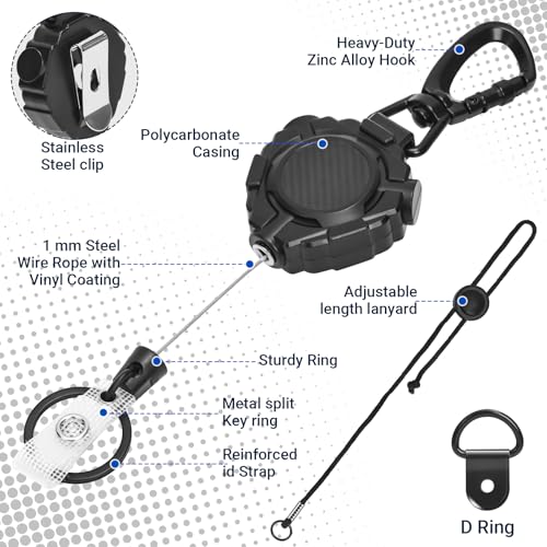 CB Mic Retractable Holder, Heavy Duty 32" Stainless Steel Tether, Includes 1 D-Ring and 1 Adjustable 12" Nylon Lanyard, Microphone Hanger Keeper for CB Radio