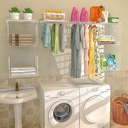 2 Pack Laundry Room Shelves Wall Mounted with Wire Baskets, Over the Washer and Dryer Shelf with Clothes Drying Rack, 8 Hooks，Wire Shelves Baskets for Laundry Closet Organization and Storage, White - color: White