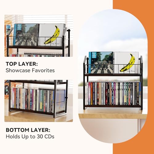 2-Tier CD Holder, Clear CD Storage Rack for Non-slip Feets, CD Organizer with Dispay Top Shelf, Premium CD shelf for Home Office, Holds Up to 60 Standard Rectangular Jewel Cases (Brown) - color: Brown, style: 1 Pack