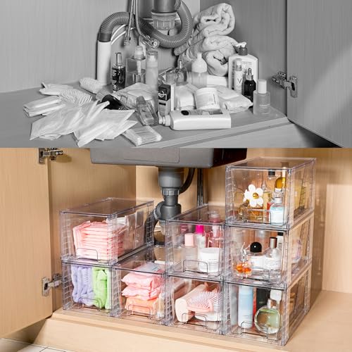 Vtopmart 4Pack Large Stackable Pantry Storage Drawers, Clear Organizer Bins with Handles, Acrylic Drawer Organizers for Kitchen, Pantry, Bathroom Undersink, Cabinet Organization and Storage - size: 4Pack 7"H
