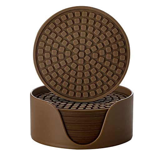 Colinda Silicone Drink Coasters with Holder, Set of 6, Outdoor Cup Mat for Hot or Cold Drinks, Thickened, Non-Slip,Non-Stick, Brown - color: Chocolate Brown