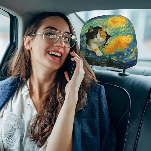 Funny Cat Print Headrest Covers for Cars Starry Night Auto Head Rest Cover 2pc - color: Van Gogh Cat