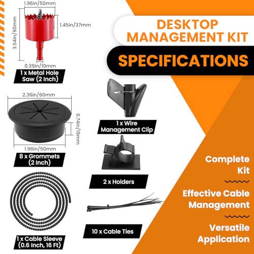 8Pcs Desk Grommet & 16Ft Cable Sleeve & 1Pcs Hole Saw, 50mm (2 Inch) Desk Cord Hole Cover Organizer Management Caps with Wire Management & Tie & Holder for Office, Home Table Cable