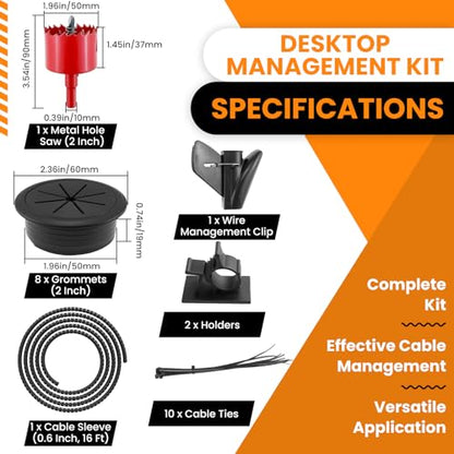 8Pcs Desk Grommet & 16Ft Cable Sleeve & 1Pcs Hole Saw, 50mm (2 Inch) Desk Cord Hole Cover Organizer Management Caps with Wire Management & Tie & Holder for Office, Home Table Cable