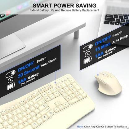 Wireless Keyboard and Mouse Combo, Ergonomic Wave Keys (Latte) | 2.4G Full Size Wave Keyboard with Wrist Rest, 3-Level DPI Adjustable Ergonomic Mouse for Windows and Mac OS Desktop/Laptop/PC - color: Latte