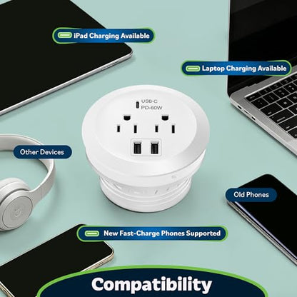 TOPGREENER Desktop Power Grommet With 65W PD Fast Charging USB C, GaN Desk for MacBook, 2 USB-A Ports and Duplex Receptacles, 3" Diameter, TTRP48APD60-W, White - color: White