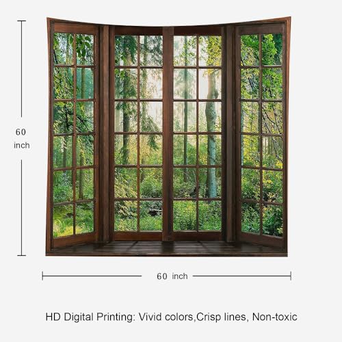 Aidatain Green Forest Natural Tapestry Window Scenery Wall Aesthetic Tapestry for Bedroom Flannel 60" L x 60" W Beach Blanket Living Dinning Room College Dorm Wall Hanging GTDJAT0090 - size: 60"L x 60"W