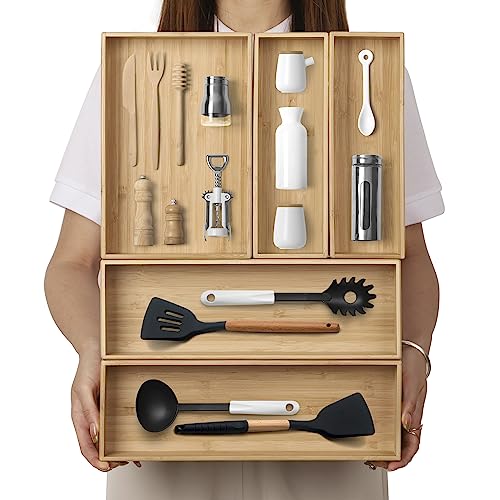 BAMOTTO CRAFTBAMBOO Stack Bamboo Drawer Organizer Set of 5, Kitchen Utensil, Flatware&Silverware Organizer-Wood Laminated Stackable for Kitchen, Bedroom, 13.4''x4.5''*2+10.2''x3.3''*2+10.2''x6.7''*1 - color: Bamboo (5 Piece Set), size: 19.2" L x 13.3" W x