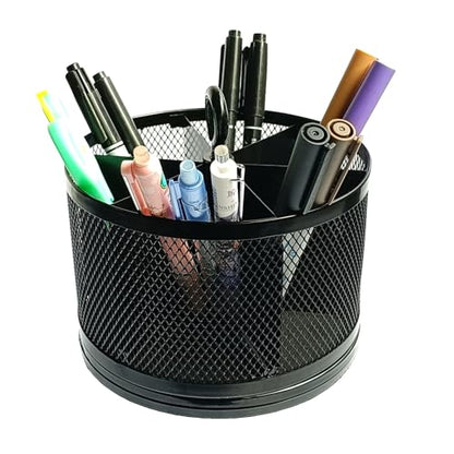 SETTFRFE Mesh Rotating Pen Holder for Desk, Black, 6-Slot | Large Pen Container with Handle, Multi-Functional Desk Organizer for Office Supplies, Art Tools & Makeup Brushes