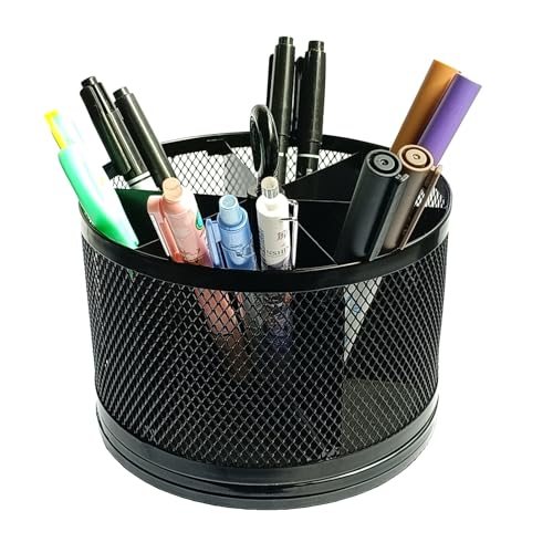 SETTFRFE Mesh Rotating Pen Holder for Desk, Black, 6-Slot | Large Pen Container with Handle, Multi-Functional Desk Organizer for Office Supplies, Art Tools & Makeup Brushes