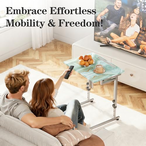 Folding Tv Tray Table,6 Height Adjustable Dinner Snack Slide Under Couch Side Table, Portable Foldable C-Shaped End Table for Eating with Sturdy MDF Top,No Assembly(Sea Blue+Silver) - color: Sea Blue+silver