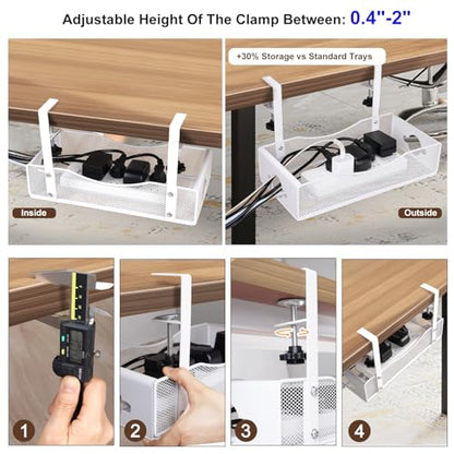 Extra Wide Under Desk Cable Management - 7inch No Drill Installation Cable Management Tray, Clamp/Screw Mount Desk Cable Management, Cable Management Tray for Office, Home((White, XL) - color: White