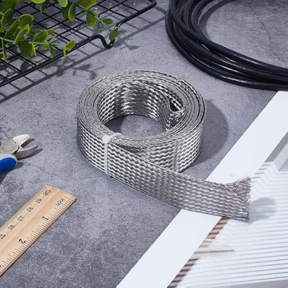 UNICRAFTALE 9.84ft(3m) 1.18" W Braided Sleeving Braid Stainless Steel Cable Wire Shielding Sleeve Ground Straps Protection Flat Metal Mesh Flexible Expandable Scalable Ribbon Wire for Protect Cable - size: 3m x 30mm