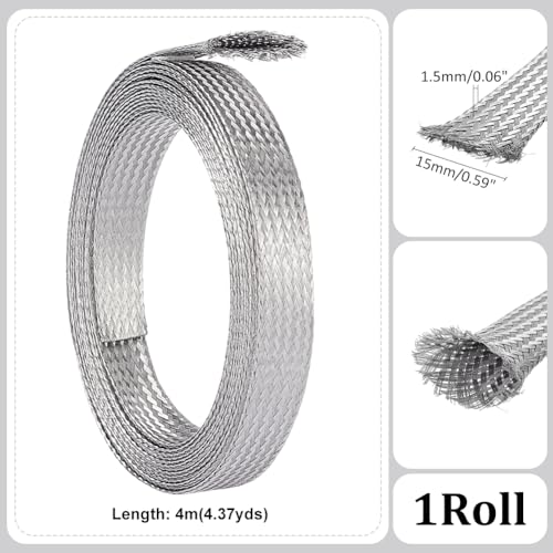 UNICRAFTALE 0.59" Wide Stainless Steel Braided Sleeving Braid 13.12 Feet Cable Wire Shielding Sleeve Ground Straps Protection Metal Mesh Flexible Expandable Scalable Ribbon Wire for Protect Cable - size: 4m x 15mm